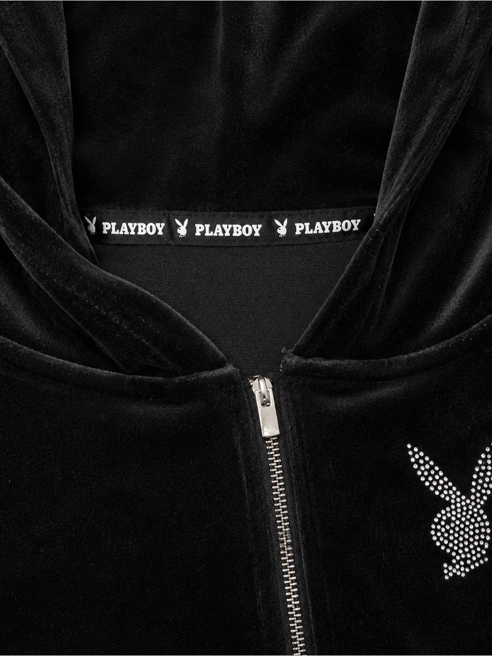 Playboy Black Velvet Cropped Hoodie Women’s Size S Y2K Bunny Logo - Picture 3 of 5